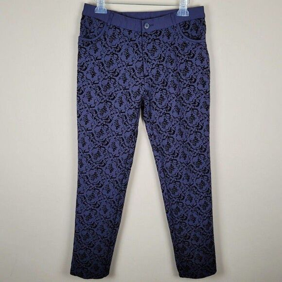 Soft Surroundings Size M Baroque Ponte Stretch Navy Blue Velvet Detailed Pants - Picture 2 of 12